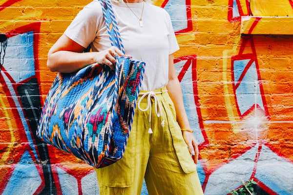 Blue Southwest Ikat Print Quilted Cotton Tote Bag