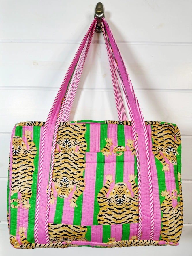 Tiger Print Pink Green Quilted Weekender Overnight Bag