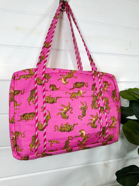 Bright Pink Tiger Print Quilted Weekender Overnight Bag