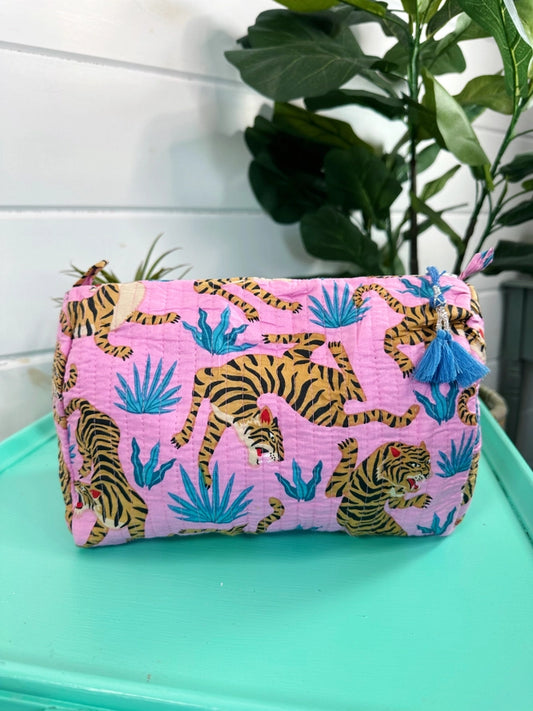 Light Pink Tiger Print Quilted Makeup Cosmetics Toiletry Bag