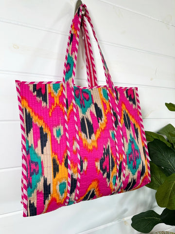 Pink Southwest Ikat Print Quilted Cotton Tote Bag