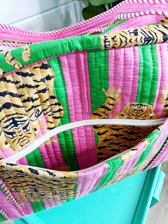 Tiger Print Pink Green Quilted Weekender Overnight Bag