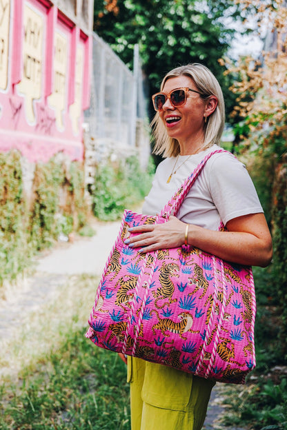 Pink and Blue Tiger Print Quilted Cotton Reversible Large Tote Bag