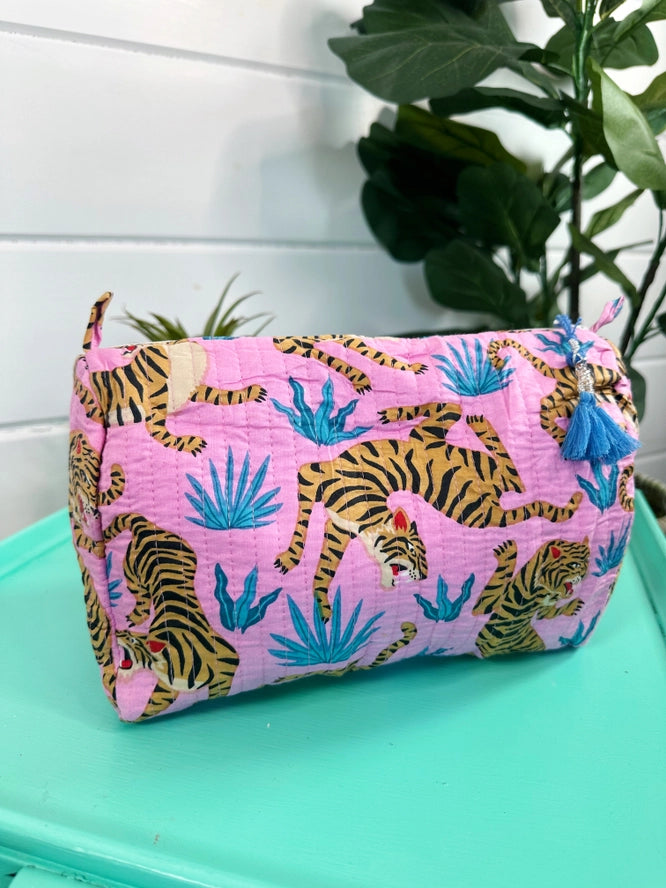 Light Pink Tiger Print Quilted Makeup Cosmetics Toiletry Bag