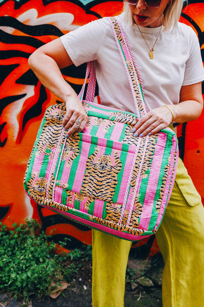 Tiger Print Pink Green Quilted Weekender Overnight Bag