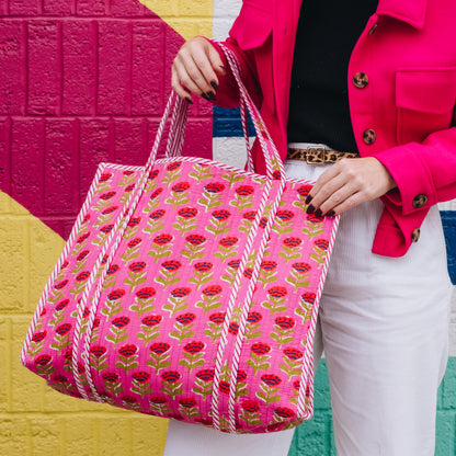 Hot Pink and Red Floral Print Quilted Cotton Tote Bag