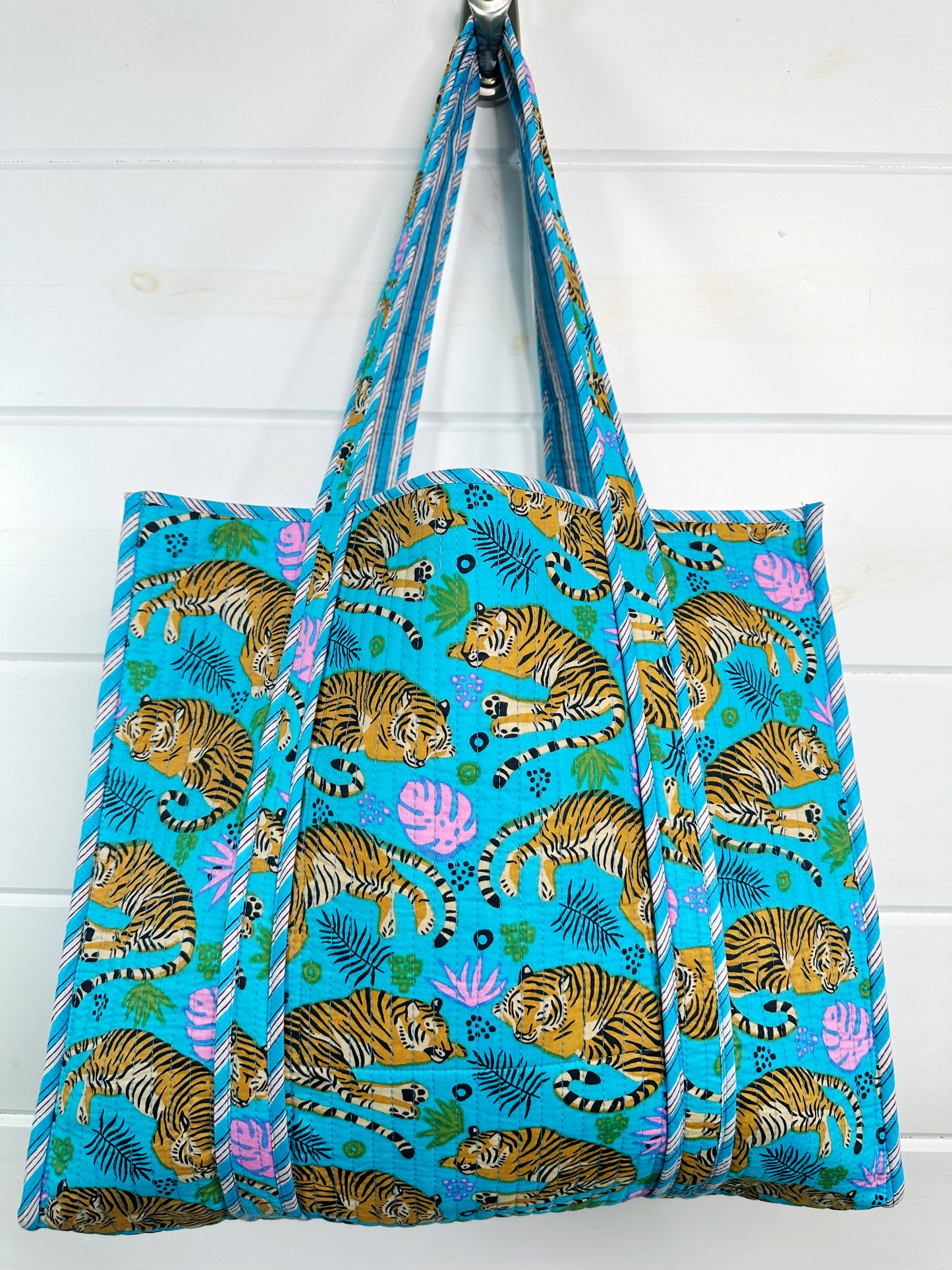 Aqua Tigers Print Quilted Cotton Reversible Large Tote Bag