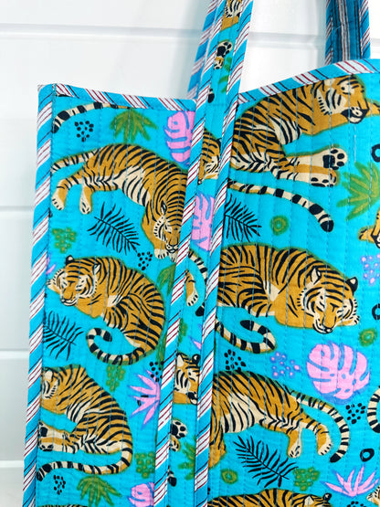 Aqua Tigers Print Quilted Cotton Reversible Large Tote Bag