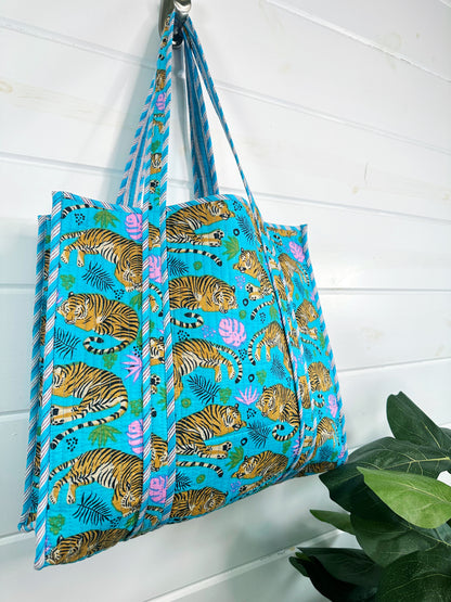 Aqua Tigers Print Quilted Cotton Reversible Large Tote Bag