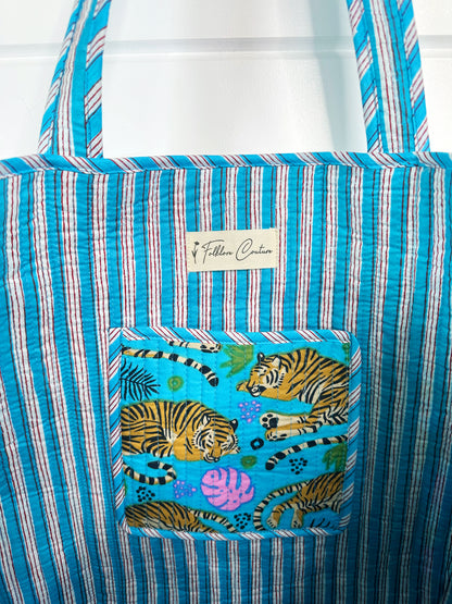 Aqua Tigers Print Quilted Cotton Reversible Large Tote Bag