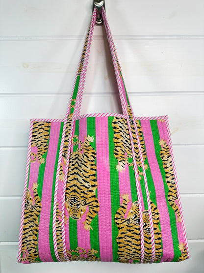 Green Pink Tiger Print Quilted Cotton Tote Bag