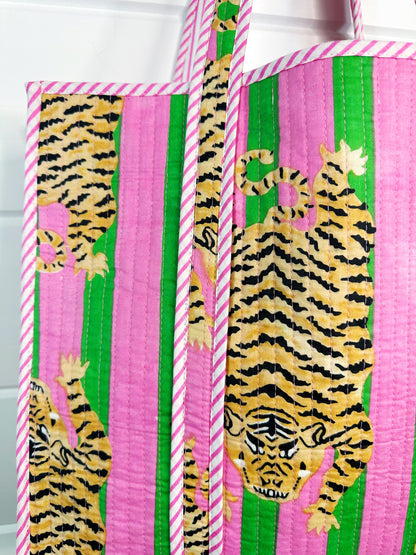 Green Pink Tiger Print Quilted Cotton Tote Bag