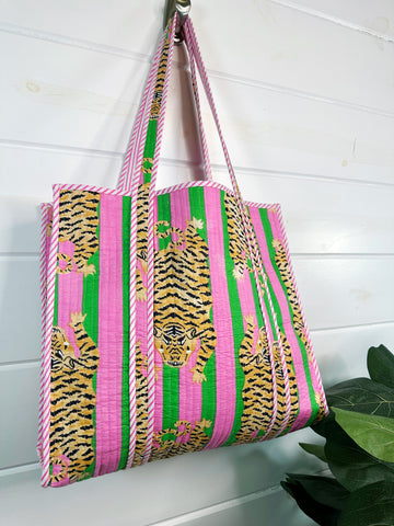 Green Pink Tiger Print Quilted Cotton Tote Bag