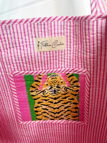 Green Pink Tiger Print Quilted Cotton Tote Bag
