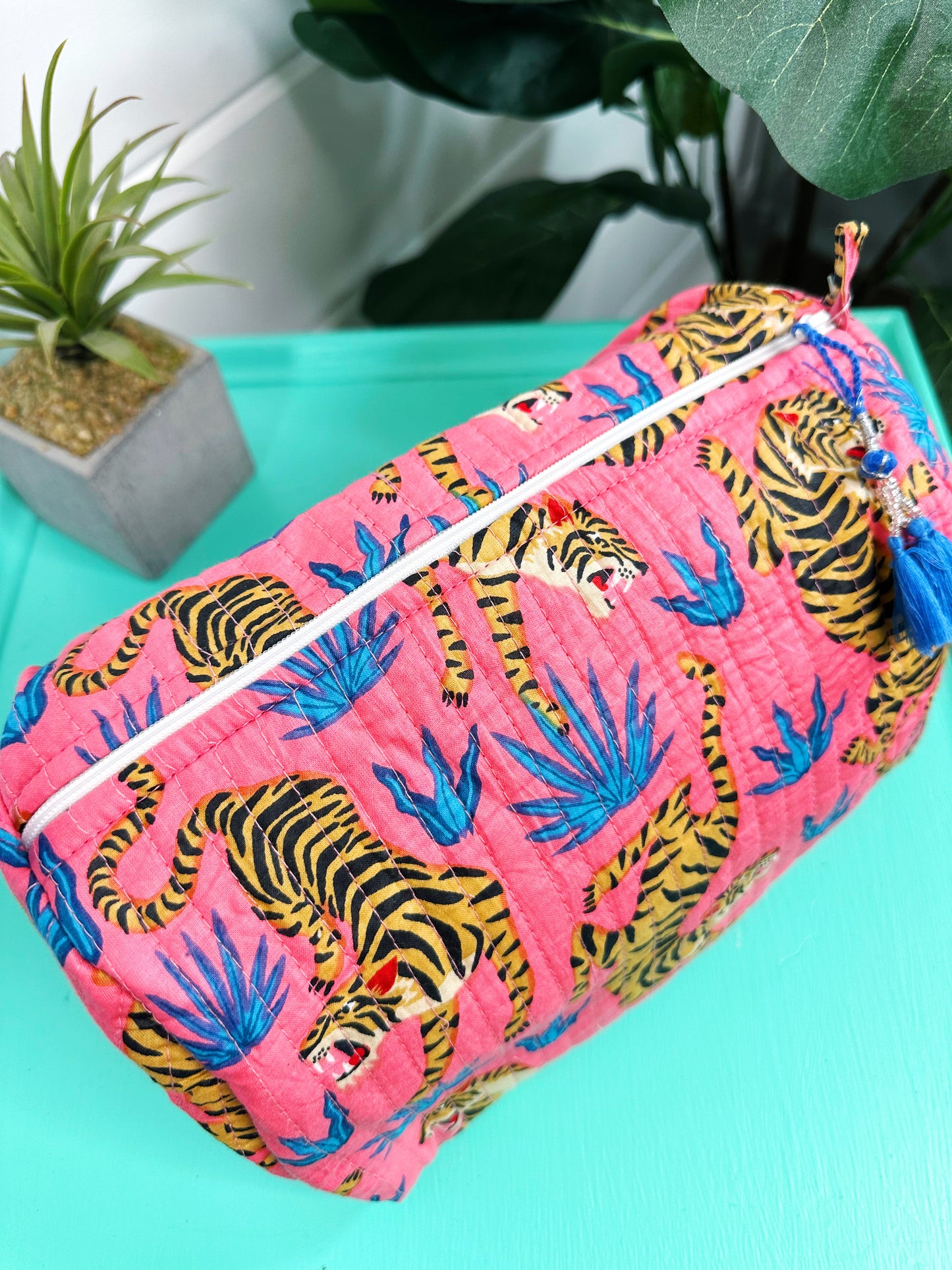 Rose Pink Tiger Print Quilted Makeup Cosmetics Toiletry Bag