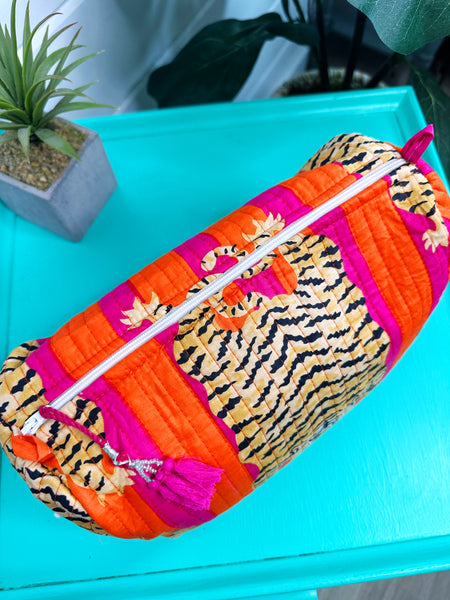 Orange and Pink Tiger Print Quilted Makeup Cosmetics Toiletry Bag