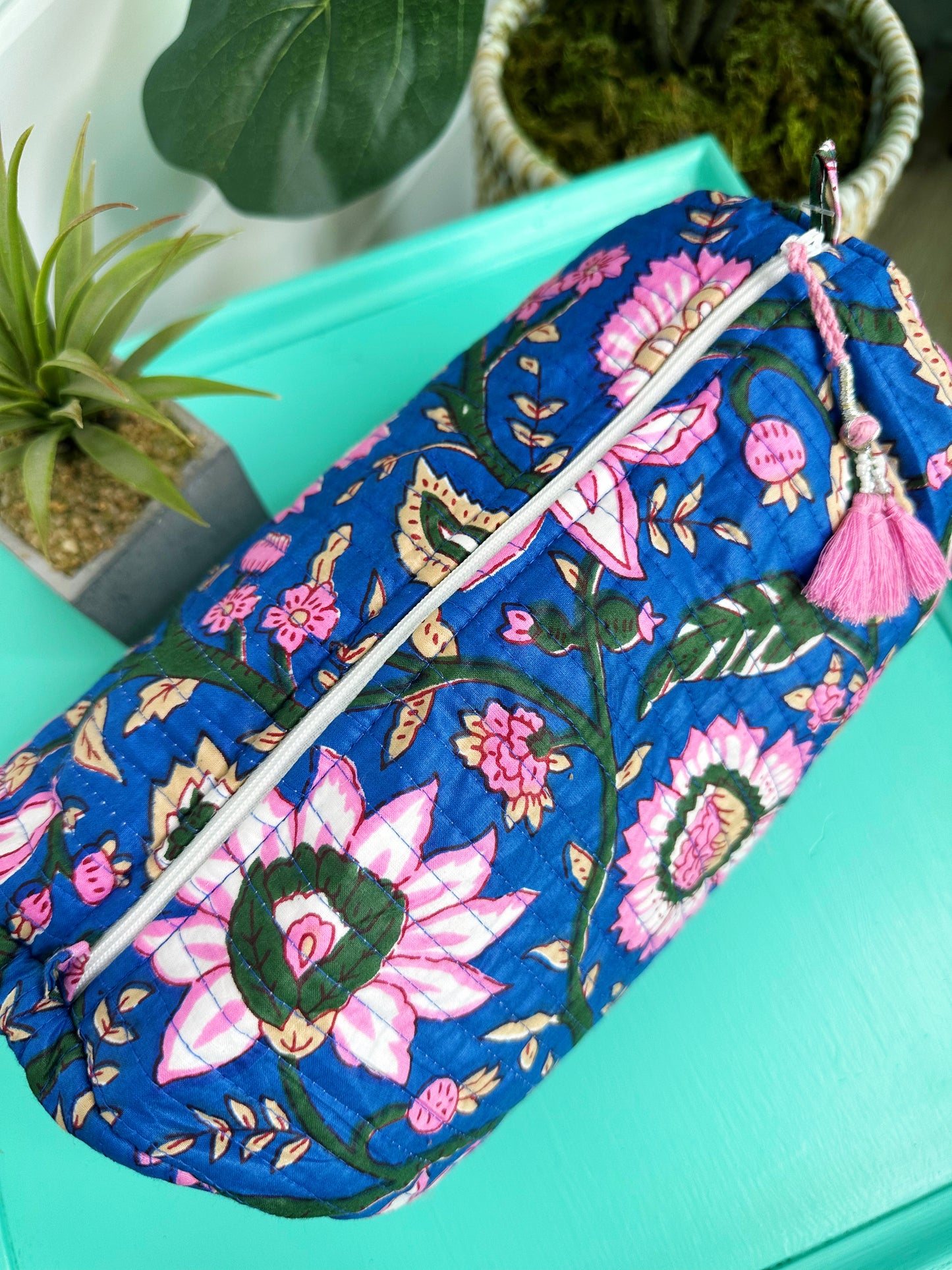 Royal Blue Floral Quilted Makeup Cosmetics Toiletry Bag