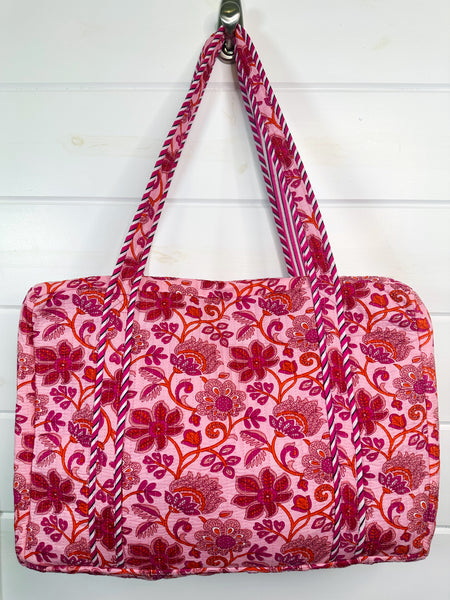 Pink and Orange Floral Quilted Weekender Overnight Bag