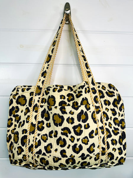 Tan Cheetah Print Quilted Weekender Overnight Bag