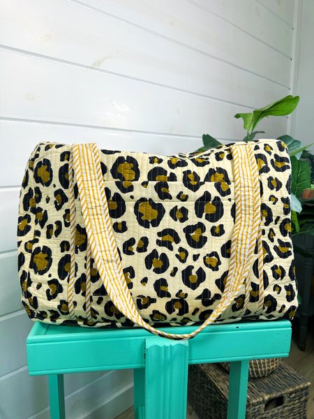 Tan Cheetah Print Quilted Weekender Overnight Bag