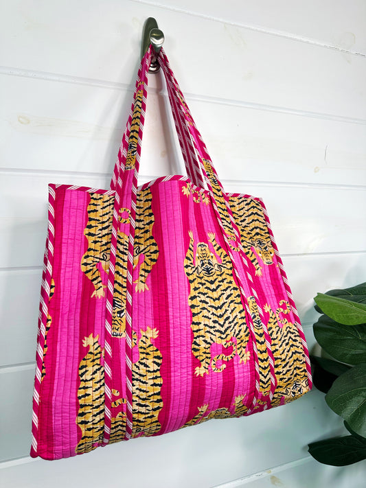 Pink Tiger Print Quilted Cotton Tote Bag