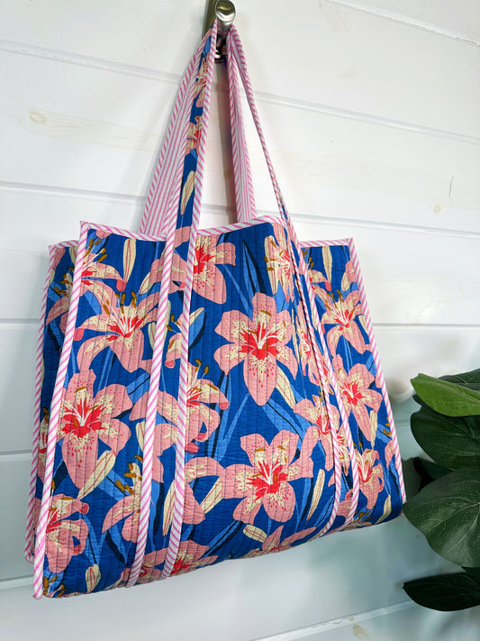 Royal Blue Pink Floral Quilted Cotton Tote Bag