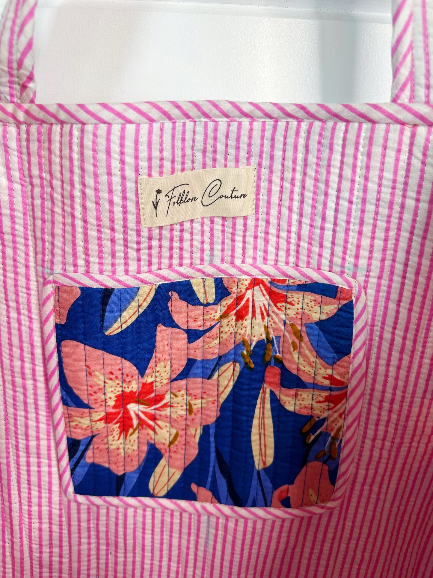 Royal Blue Pink Floral Quilted Cotton Tote Bag