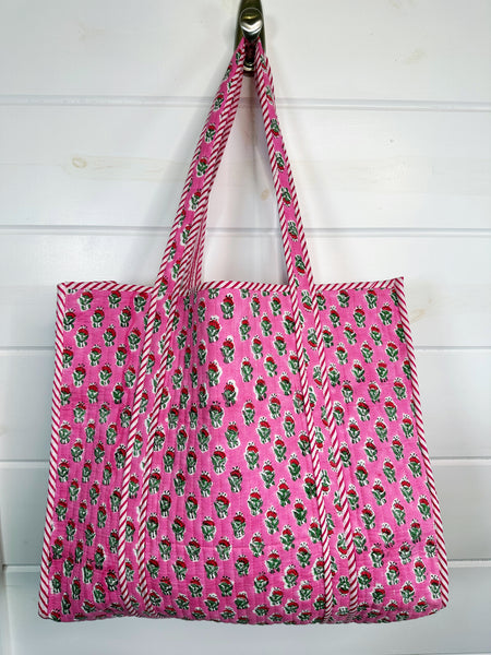 Pink Watercolor Floral Print Quilted Cotton Tote Bag