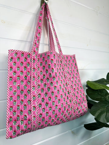 Pink Watercolor Floral Print Quilted Cotton Tote Bag