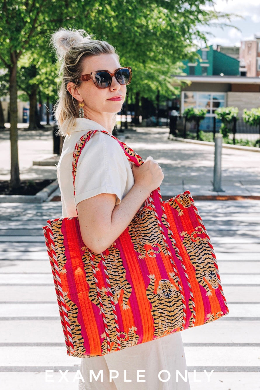 Aqua and Magenta Striped Tiger Print Quilted Cotton Tote Bag