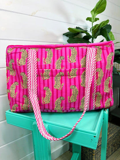 Pink Striped Jaguar Print Quilted Weekender Overnight Bag