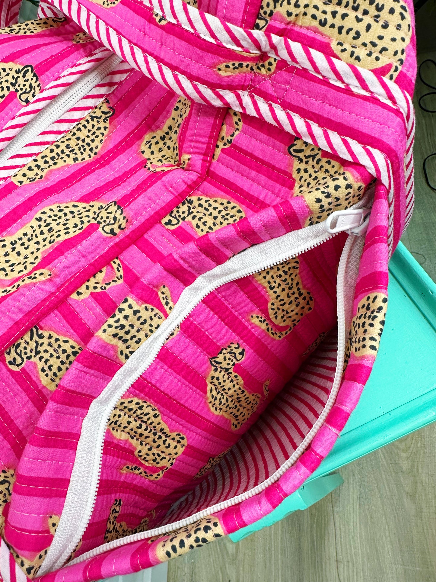 Pink Striped Jaguar Print Quilted Weekender Overnight Bag