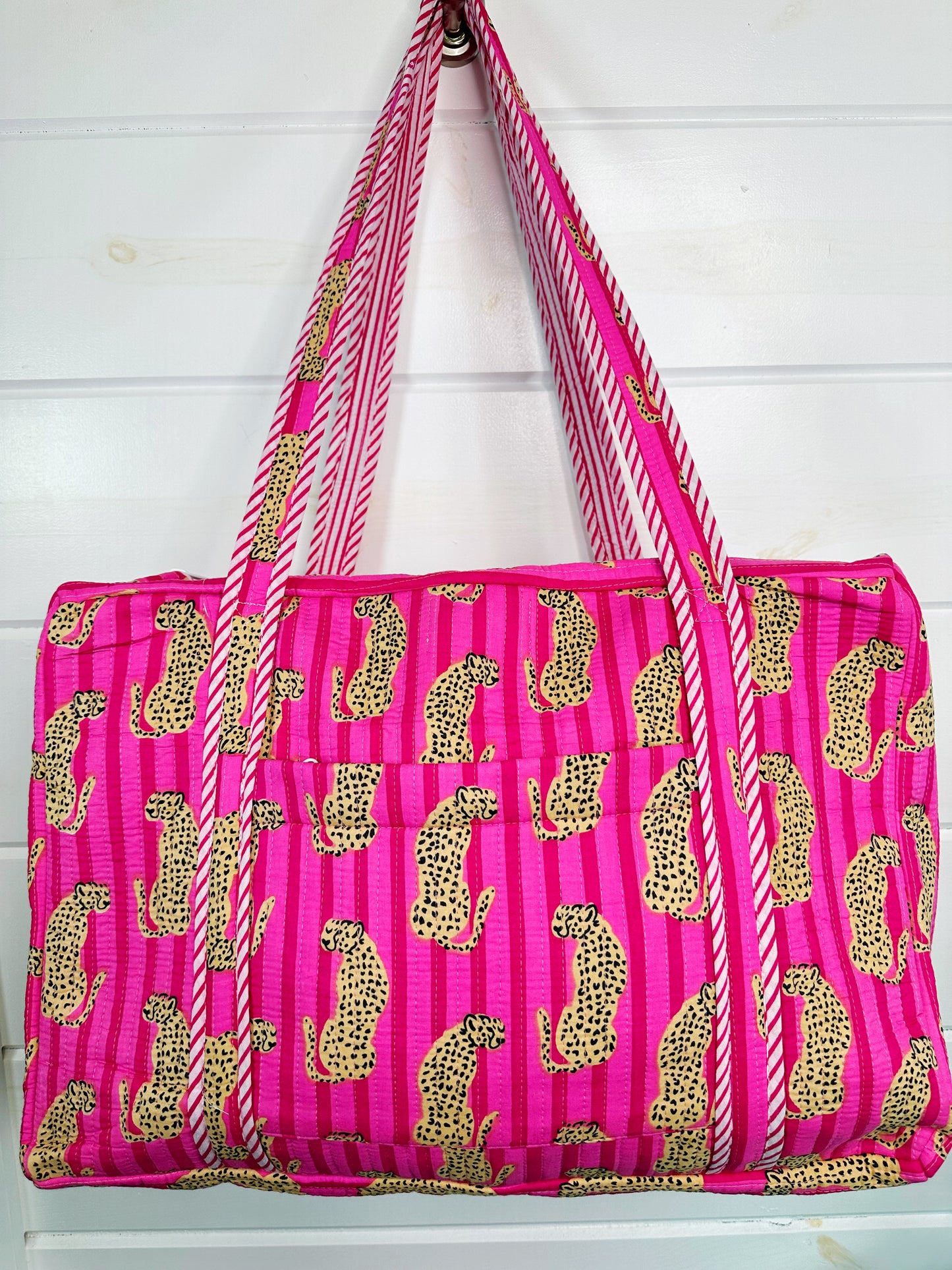 Pink Striped Jaguar Print Quilted Weekender Overnight Bag