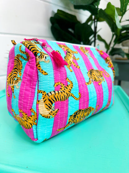 Magenta and Aqua Tiger Print Quilted Makeup Cosmetics Toiletry Bag