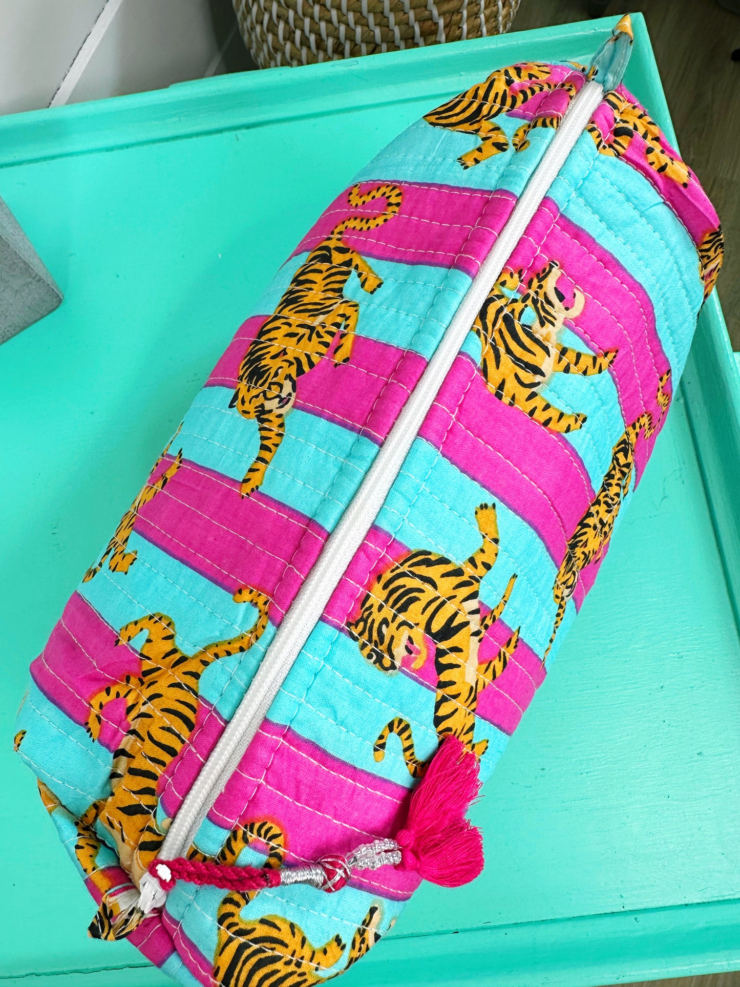 Magenta and Aqua Tiger Print Quilted Makeup Cosmetics Toiletry Bag