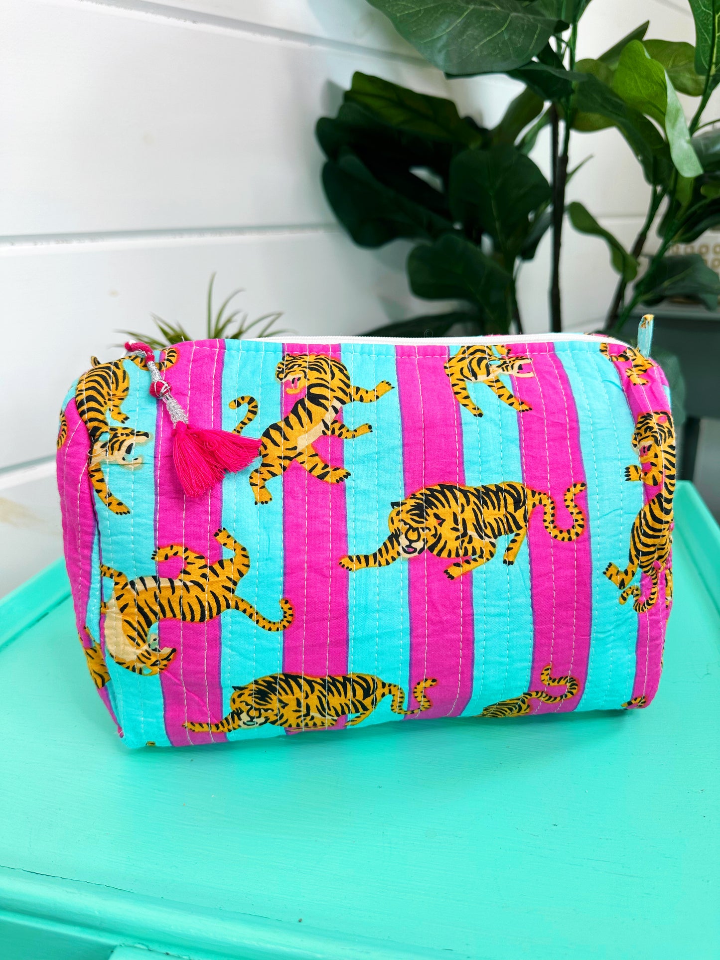 Magenta and Aqua Tiger Print Quilted Makeup Cosmetics Toiletry Bag