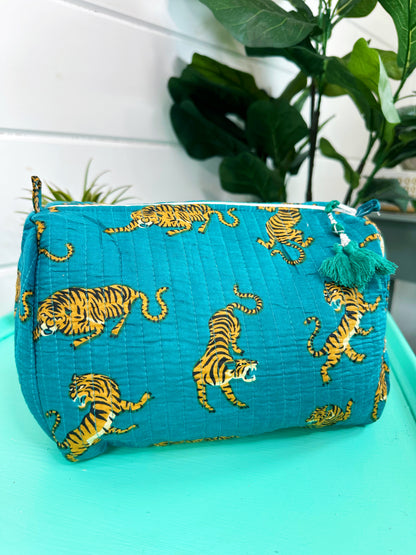 Teal Tiger Print Quilted Makeup Cosmetics Toiletry Bag