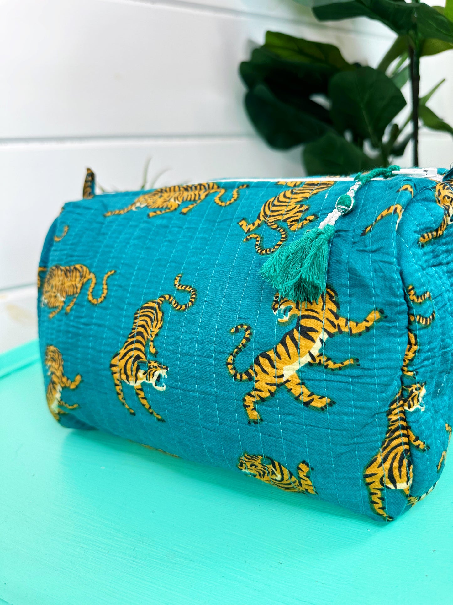 Teal Tiger Print Quilted Makeup Cosmetics Toiletry Bag