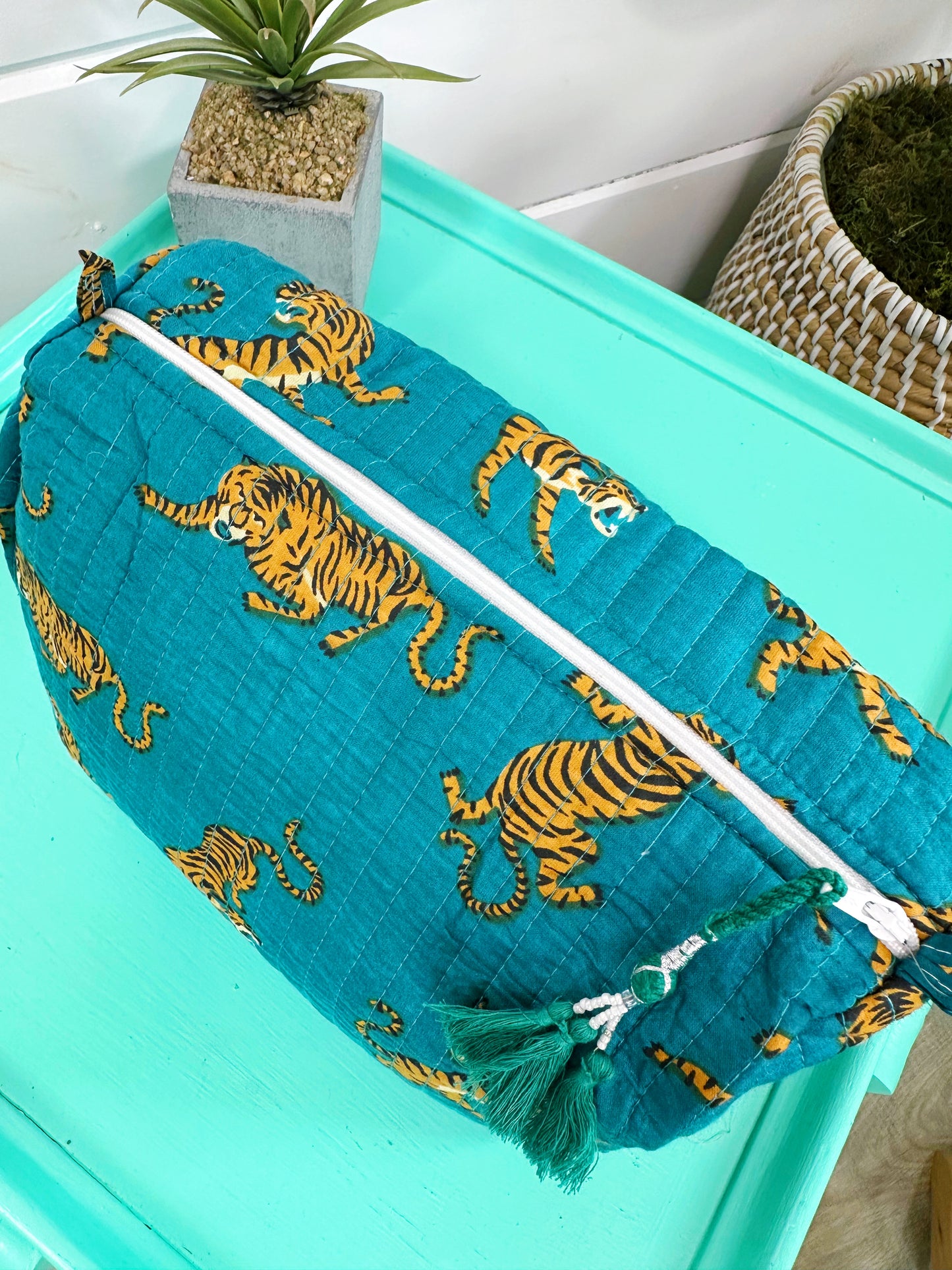 Teal Tiger Print Quilted Makeup Cosmetics Toiletry Bag