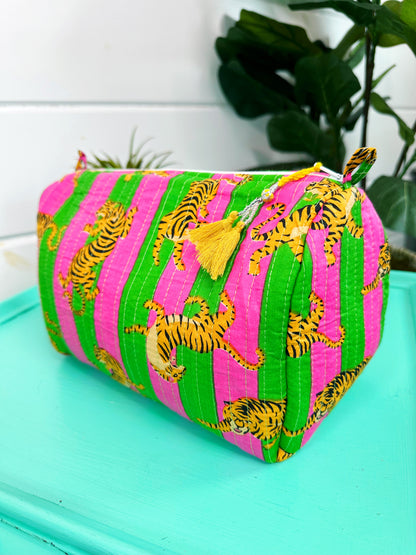 Pink and Green Tiger Print Quilted Makeup Cosmetics Toiletry Bag