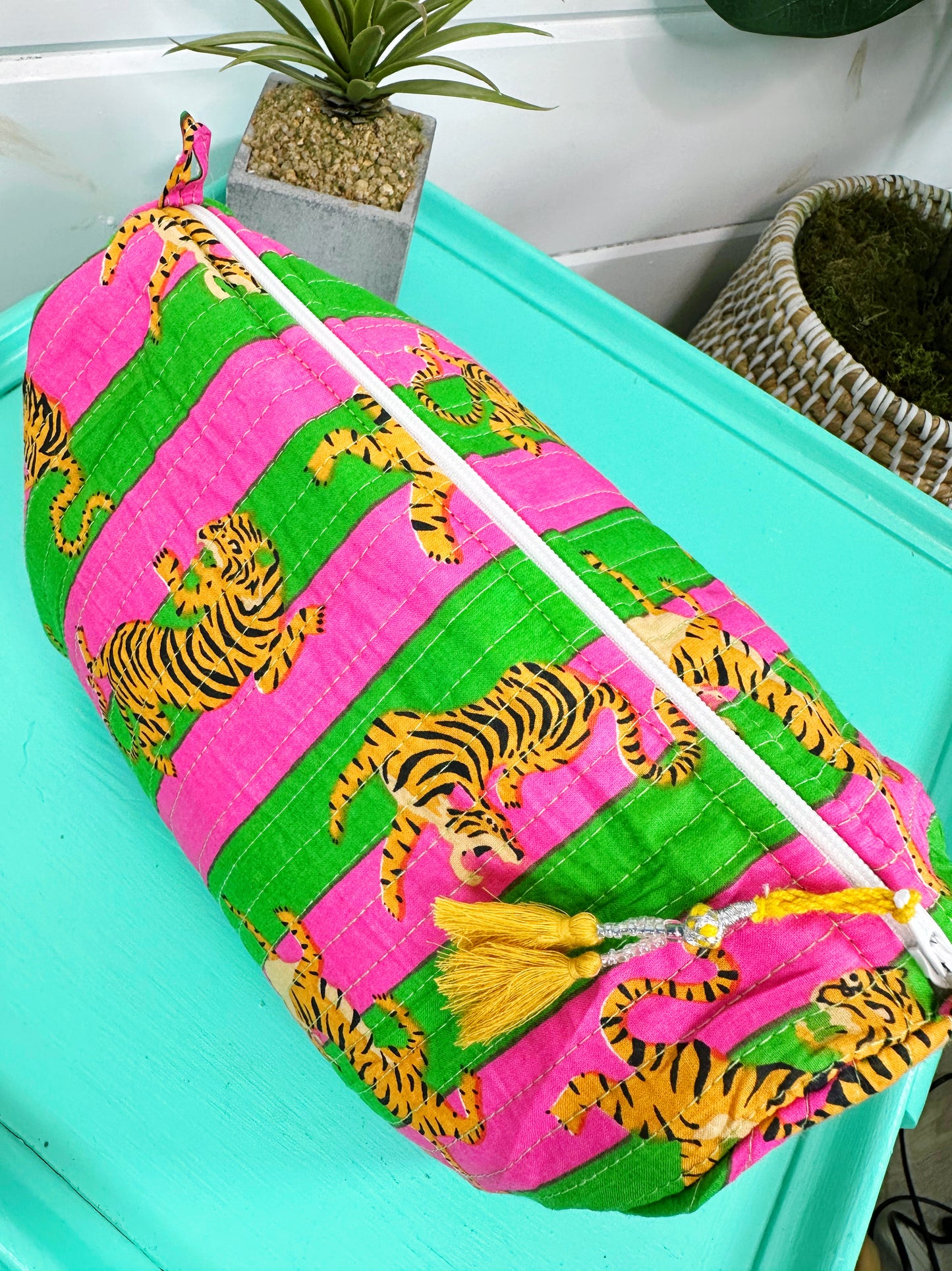 Pink and Green Tiger Print Quilted Makeup Cosmetics Toiletry Bag