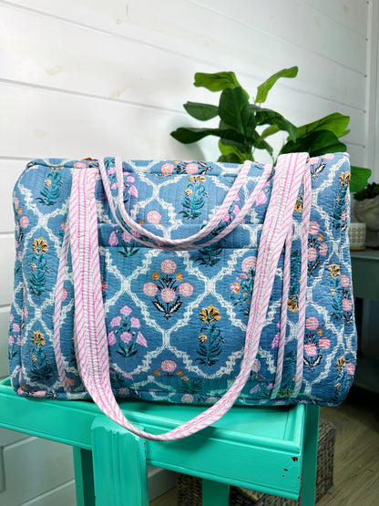 Blue Wildflowers Printed  Quilted Weekender Overnight Bag