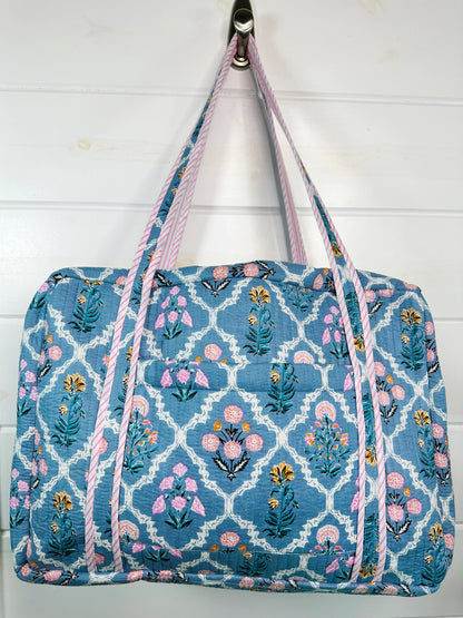 Blue Wildflowers Printed  Quilted Weekender Overnight Bag