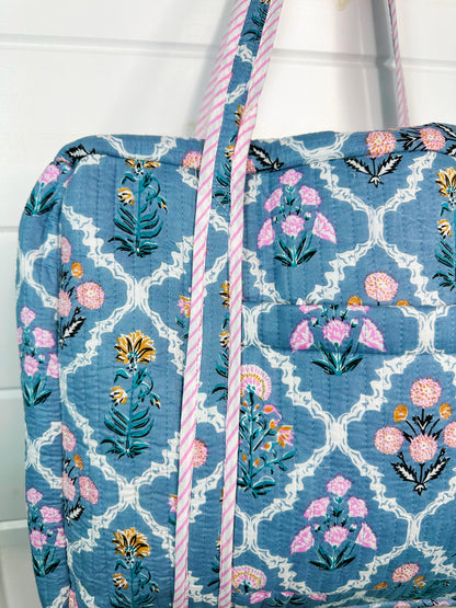 Blue Wildflowers Printed  Quilted Weekender Overnight Bag