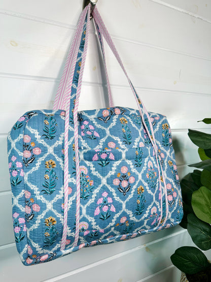 Blue Wildflowers Printed  Quilted Weekender Overnight Bag