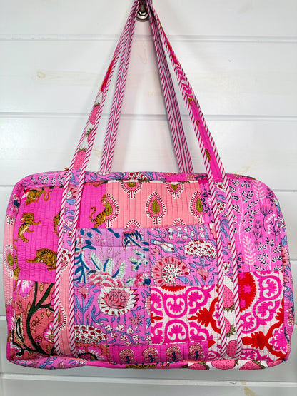 Pink Patchwork Quilted Weekender Overnight Bag