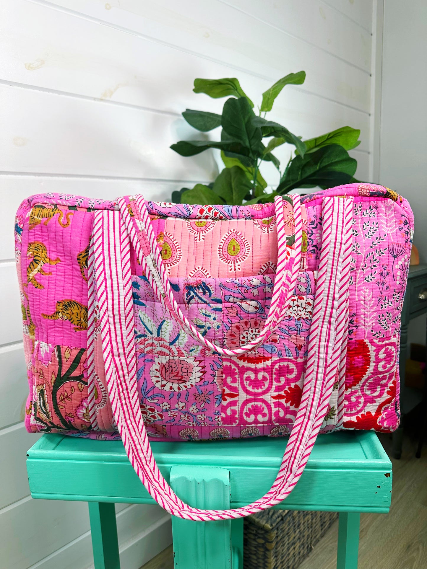 Pink Patchwork Quilted Weekender Overnight Bag