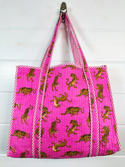 Bright Pink Tiger Print Quilted Cotton Reversible Large Tote Bag