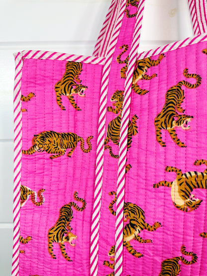 Bright Pink Tiger Print Quilted Cotton Reversible Large Tote Bag