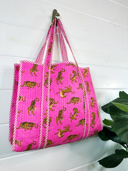 Bright Pink Tiger Print Quilted Cotton Reversible Large Tote Bag